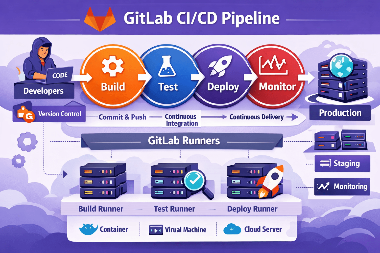 GitLab CI/CD pipeline workflow diagram with stages build test deploy
